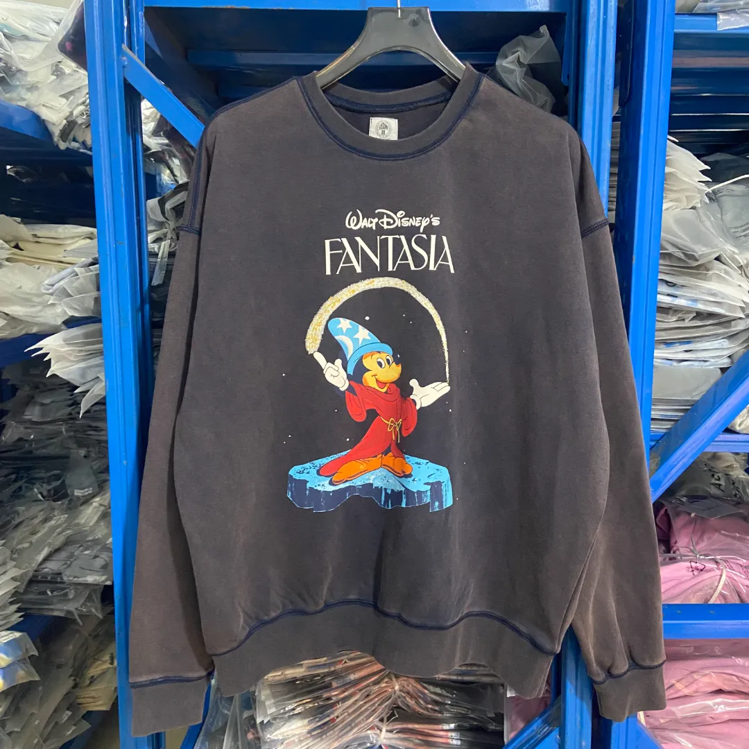 Saint Michael "FANTASIA" Mickey printed retro distressed washed-out thin round neck long-sleeved sweatshirt Fabric: 390g terry Style number: SM621 Size: S-M-L-XL Color: washed blue Price: P198